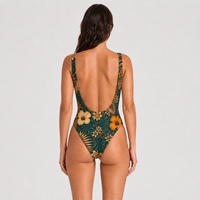 Traje de Baño de Una Pieza con Estampado Floral Tropical Verde, Marca Privada, Sin Aros, con Relleno Extraíble, Espalda Descubierta, Corte Alto, Venta al Por Mayor, MOQ Bajo, Directo de Fábrica