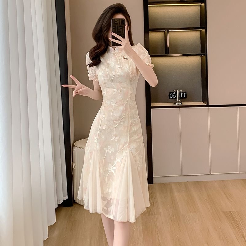 YiXin Floral Retro Qipao Cheongsam Dress with Short Puff Sleeves - Stylish  Summer Wear for Women, Eco-Friendly and Comfortable