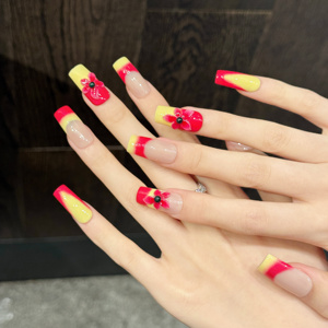 Ongles en gel 3D rouges style tropical d'été Design K44, ongles carrés français épais en acrylique <span class=keywords><strong>rouge</strong></span> et jaune faits à la main, à presser - Product Image 5