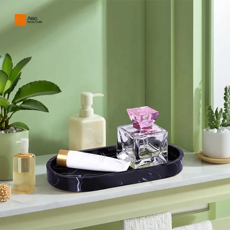 BSCI sertifikalı siyah reçine mermer banyo Vanity tepsi su geçirmez parfüm takı Dresser Oval servis tepsileri ev dekor cilalı