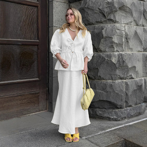 Traje de Falda con Cuello en V y Mangas <span class=keywords><strong>Cortas</strong></span> con Volantes, Nuevo para Verano - Product Image 4