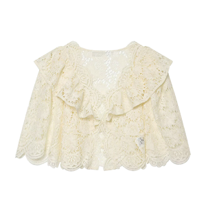 Chemisier en dentelle crème pour femme avec col à volants et manches ballon, style doux printemps-été, coupe ample, haut court - Product Image 1