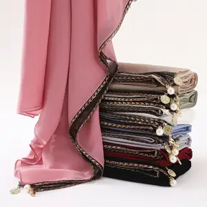 Lenço de chiffon para mulheres, lenço hijab com corrente de ouro e miçangas, xales de chiffon islâmicos para a Malásia, cachecóis com pingentes muçulmanos árabes