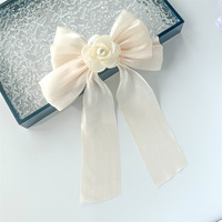 Pince à cheveux en forme de fleur brillante en mousseline avec long ruban pour femmes et filles, accessoire de coiffure pour fêtes et usage quotidien