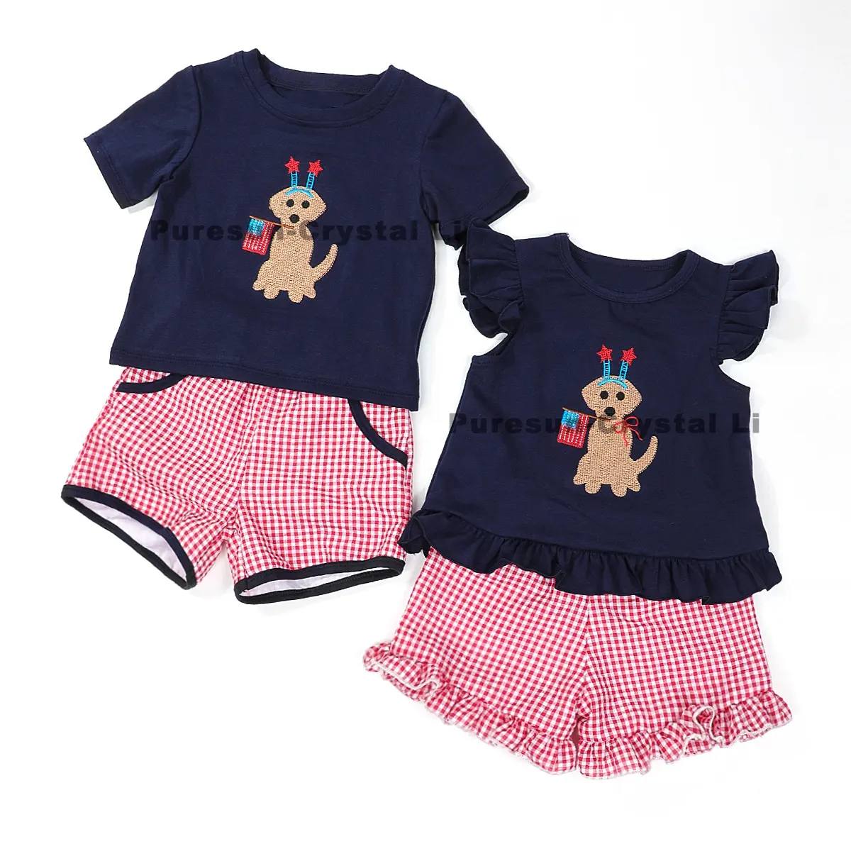 Puresun bébé garçon petits vêtements bulle bleu marine 100% coton barboteuse avec chiot broderie Style décontracté pour l'été et le 4 juillet