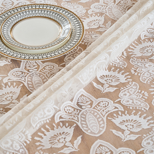 White Rectangle Tablecloth with Floral Embroidered Lace Overlay Vintage Banquet Printed Striped <strong>Paper</strong> <strong>Table</strong> <strong>Cover</strong> - Product Image 5