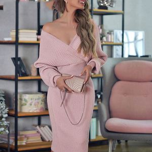 Robe en tricot sexy à col en V K806 pour femmes, robe pull à manches chauve-souris en deux pièces, robe élégante pour femmes, robe moulante mi-longue - Product Image 1