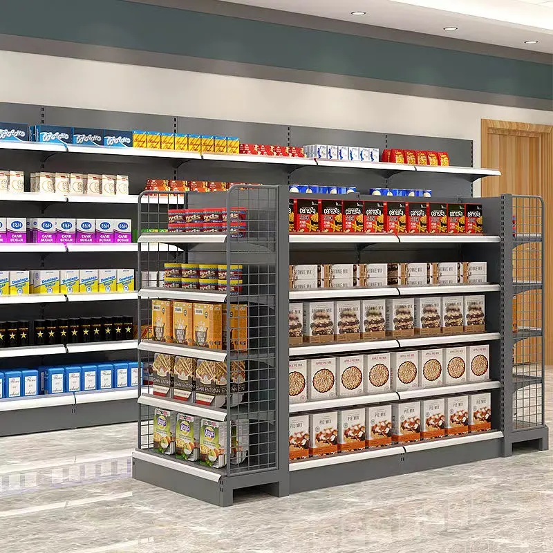 Estante de supermercado de exhibición de doble cara duradero de metal multifuncional con certificado CE