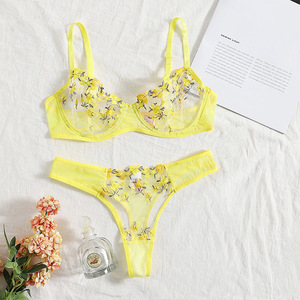 Ensemble de lingerie 2 pièces en maille transparente, broderie florale, élégance sexy, soutien-gorge et culotte, vente chaude - Product Image 5