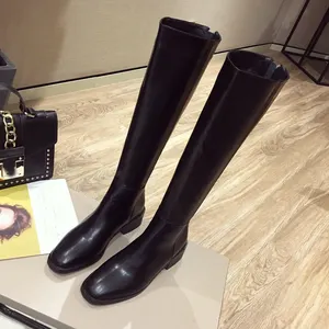 Botas altas hasta la rodilla clásicas para mujer, zapatos de invierno, piel auténtica, color marrón