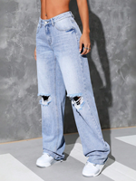 Jean Boyfriend Simple et Tendance pour Femme, Taille Basse, Coupe Droite, en Denim Décontracté, avec Trous aux Genoux Élégants, Tissé Printemps