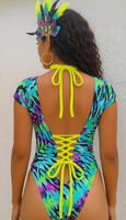 Maillot de bain une pièce personnalisé style carnaval, imprimé tropical, à lacets sur le devant, coupe haute, pour festivals, fournisseur OEM pour Miami et les Caraïbes