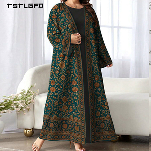 Abaya Kimono Islamique de Luxe Vintage pour Femme, Bleu Turquoise, Jacquard Brodé, Motif Floral Doré, Manches Chauve-Souris Longues, Modeste, à Col Ouvert - Product Image 2