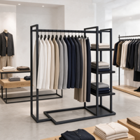 Porte-vêtements en métal noir en forme de L avec barre de suspension, étagères latérales et base en U sur mesure
