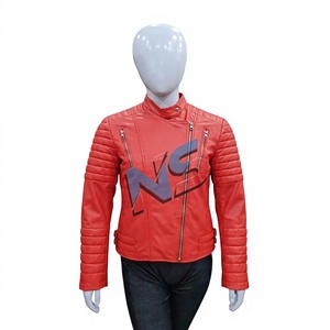 Red Cow Leather <b>Winter</b> Moto Jacket with <b>Quilted</b> Sleeves and Front Logo Print Stand Collar Zipper Closure Women's Biker Style - Product Image 1