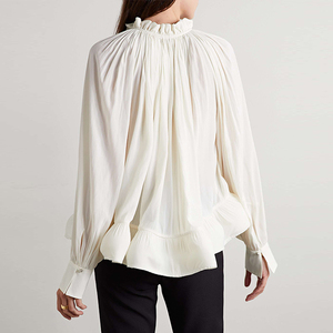 Moda Casual bastante suelta con volantes reunidos gasa <span class=keywords><strong>blanca</strong></span> Tops camisas de diseñador para mujeres elegantes blusas de marca de lujo para mujeres - Product Image 6