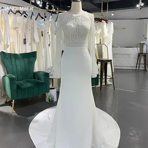 Elegante manga larga de satén de las mujeres de sirena vestidos de novia Jancember LSSG021