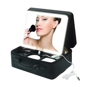 Professional Portable Leather Cosmetic Case With Led Mirror Travel Adjustable Makeup Storage Bag