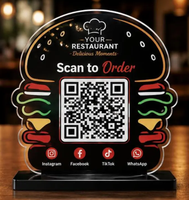 Support de code QR en acrylique personnalisable pour hamburger, plaque de table de restaurant à scanner pour commander