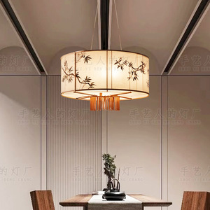 Lustre en tissu de style chinois, rond, doré, E27 LED, protection des yeux, pour restaurant, hôtel, salle de banquet - Product Image 5