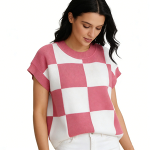Chic Checkerboard Knit <strong>Top</strong>, Short Sleeve Crew Neck Sweater, Loose Fit Casual Blouse, Women's <strong>Checkered</strong> Knit <strong>Top</strong> - Product Image 6