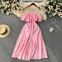 Robe longue d'été pour femme, épaules dénudées, bretelles spaghetti, broderie anglaise, volants, taille cintrée, coupe fluide