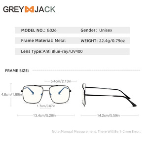 Monture de lunettes en métal carré à double pont Greyjack, unisexe, monture complète, protection contre la lumière bleue G026OP - Product Image 2