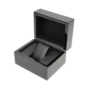 Модная глянцевая лакированная коробка для часов из черного дерева с подставкой из искусственной кожи
