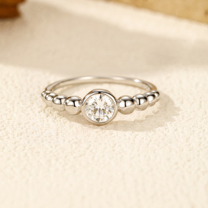 S925 Silver Round Diamond Minimalist Beaded <b>CZ</b> <b>Ring</b> Bezel Setting Ball Pattern Classic Engagement Band For Women - Product Image 6