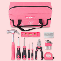 Kit d'outils ménagers en acier au carbone de 18 pièces, ensemble rose, boîte à outils familiale, marteau, clé à molette, tournevis, pinces, ruban à mesurer, clés hexagonales