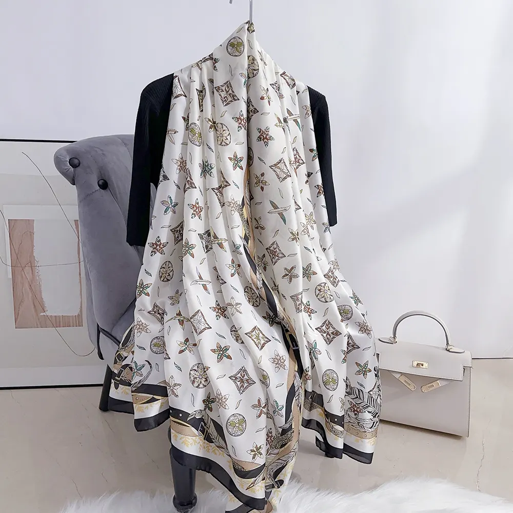 Bufandas de seda satinada de 90x180 cm de calidad éxito de ventas al por mayor, chales impresos personalizados, bufanda musulmana para mujeres, foulard, hijab, bufandas para la cabeza