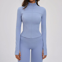 Vestes de sport zippées personnalisées en Spandex, durables et recyclables, coupe ajustée, très élastiques, col montant, pour la course et le yoga, avec passe-pouces