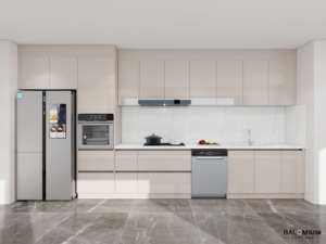 Ensemble de meubles de cuisine tout-en-un sur mesure, panneaux beige mat, armoire haute pour réfrigérateur, <span class=keywords><strong>four</strong></span> vapeur, tiroirs et lave-vaisselle - Product Image 1