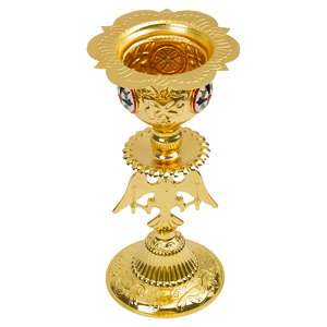 Portacandele Ortodosso Placcato Oro HT con Aquila a Due Teste 25,5cm, Candelabro per Chiesa con Copertura in Vetro Rosso per Altare - Product Image 2