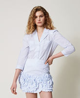 Ensemble journée de travail pour femmes de haute qualité chemise à manches longues rayée et jupe mi-longue à appliques florales en deux pièces