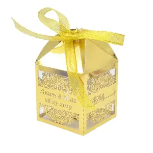 Lembrancinha da festa de henna corte a laser personalizado caixa de doces do casamento do ouro com fita