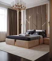 Lit double moderne en velours avec pieds en bois massif