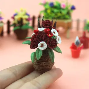 Dollland ตะกร้าดอกไม้ขนาดเล็ก,อุปกรณ์ตกแต่งบ้านตุ๊กตากระถางปลูกต้นไม้และของเล่นของตกแต่งกระถางดอกไม้ตะกร้าดอกไม้ขนาดเล็ก1:12