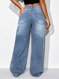 <span class=keywords><strong>Jean</strong></span> en denim délavé à strass <span class=keywords><strong>pour</strong></span> femmes européennes et américaines, <span class=keywords><strong>grande</strong></span> <span class=keywords><strong>taille</strong></span>, <span class=keywords><strong>taille</strong></span> basse, coupe droite ample avec boutons - Product Image 4