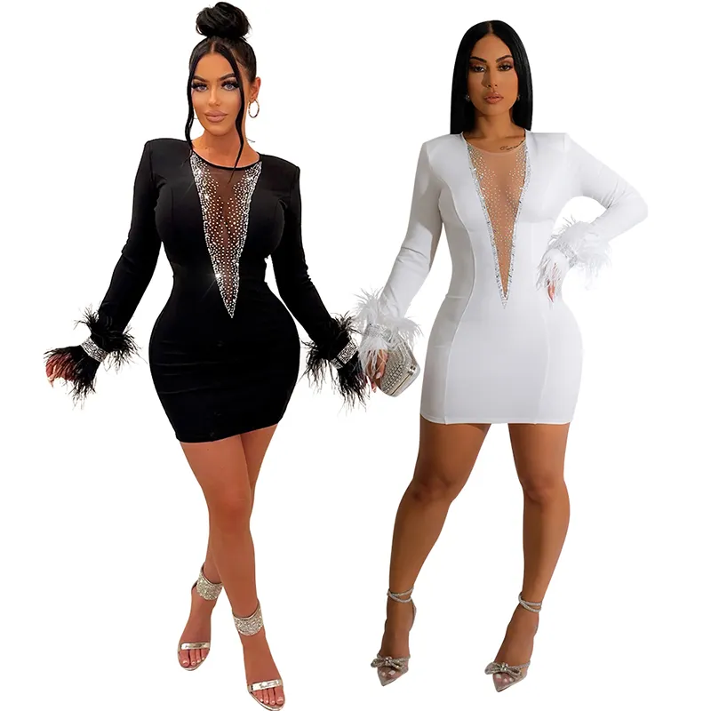 CY900272 Women Casual Club Mini Dress Deep V-neck Long Sleeve Back See Through Black White Solid Cocktail Dresses