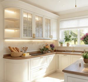 Ensemble <span class=keywords><strong>d</strong></span>'armoires de cuisine blanches personnalisées | Meuble de rangement en <span class=keywords><strong>verre</strong></span> arqué et poignées en laiton, en MDF/contreplaqué |   Prêt à assembler pour les appartements américains - Product Image 5