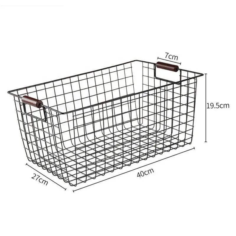 Cestino decorativo per cucina e soggiorno in filo metallico con cestini in legno con manico in legno per la conservazione