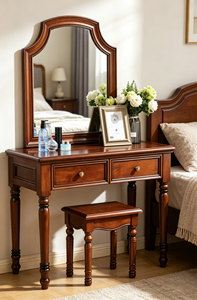 Classic Curved Frame Solid Wood Dressing Table Set 3 <b>Drawers</b> <b>Walnut</b> Bedroom Makeup Vanity Desk With Stool - Product Image 4