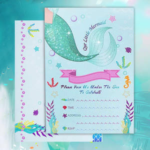 Lot de 24 cartes d'<span class=keywords><strong>invitation</strong></span> en forme de sirène à paillettes pour fête d'<span class=keywords><strong>anniversaire</strong></span> d'enfants, impression Double face avec enveloppe, fournitures de fête - Product Image 1
