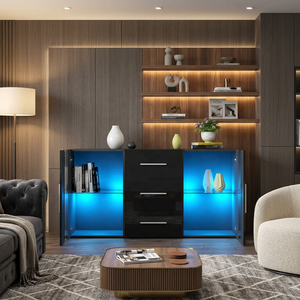 Buffet moderne noir brillant avec éclairage LED, 3 tiroirs, meuble de rangement pour salon, credenza - Product Image 3