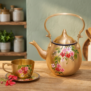 Golden Floral Tea Kettle With <b>Lid</b> Metal Handle Water <b>Pot</b> Flower Design - Product Image 4