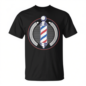 Camiseta Barber Pole negra con cuello redondo para hombre, diseño gráfico de barbería - Product Image 2