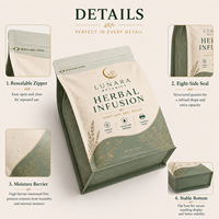 Emballage de luxe personnalisé imprimé, refermable, de qualité alimentaire, à fond plat, avec fermeture éclair, pour mélange de tisanes, sachet à huit soudures latérales de 12 oz