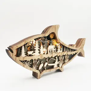 desktop decorative wooden ocean fish craft led light 3D wood fish toys