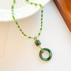Green Jade Circle Pendant Necklace Alloy Clavicle Chain Daily Wear Geometric Design Sweater Chain Accessory - Product Image 1